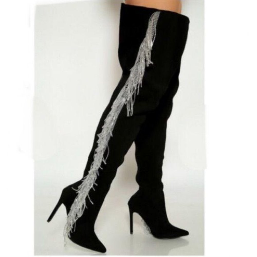 Thigh Hi Boots w/ Rhinestone Fringe in Black - Picture 6 of 10